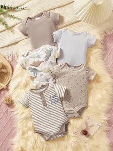 5pcs Newborn Baby Romper, Boys Cute Cartoon Animal Printed Pattern, Summer Short Sleeve Bodysuit, Suitable for 0-9 Months Infant Outdoor Wear Baby Clothes Girl