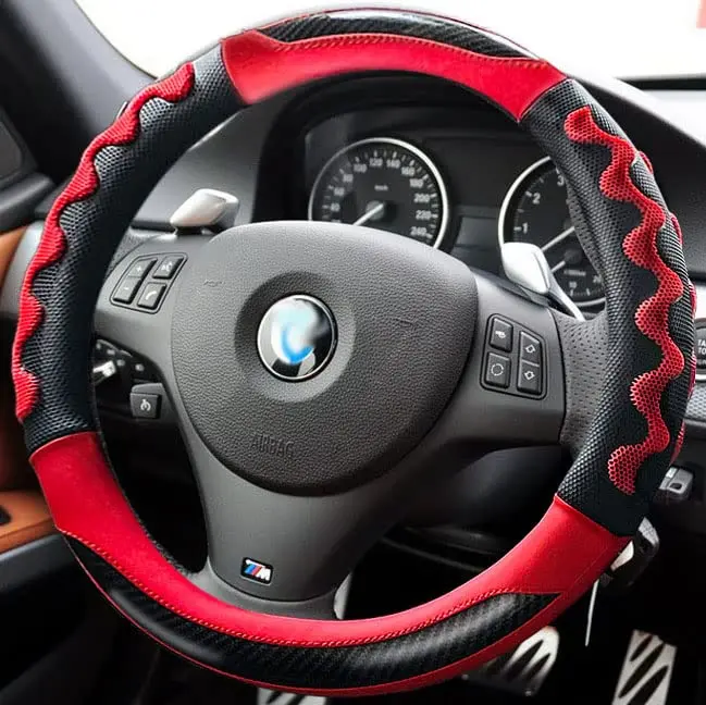 Steering Wheel Cover for Men Carbon Fiber Sporty Leather 3D Honeycomb Design 14.5-15 Inch Anti-Slip Breathable for Truck SUV