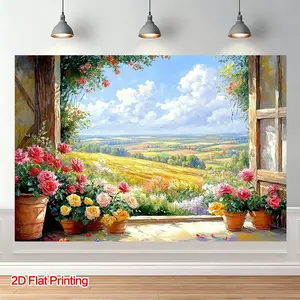 1pc Polyester Photo Backdrop Banner - Soft Material, 2D Flat Realistic Elegant Flower Window Landscape, Wedding Party Backdrop, Ornaments for Photo Studio Decor & Insta-Worthy Hanging Shots