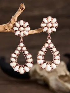 Vintage Western Cowboy Style Bronze Lapis Lazuli Teardrop Flower Earrings, Bohemian Women's Earrings, Daily Wear, Holiday Party Gift