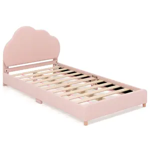 COSTWAY - Twin Bed Frame with Height-Adjustable Headboard and Sturdy Wooden Slats-Gradient Pink