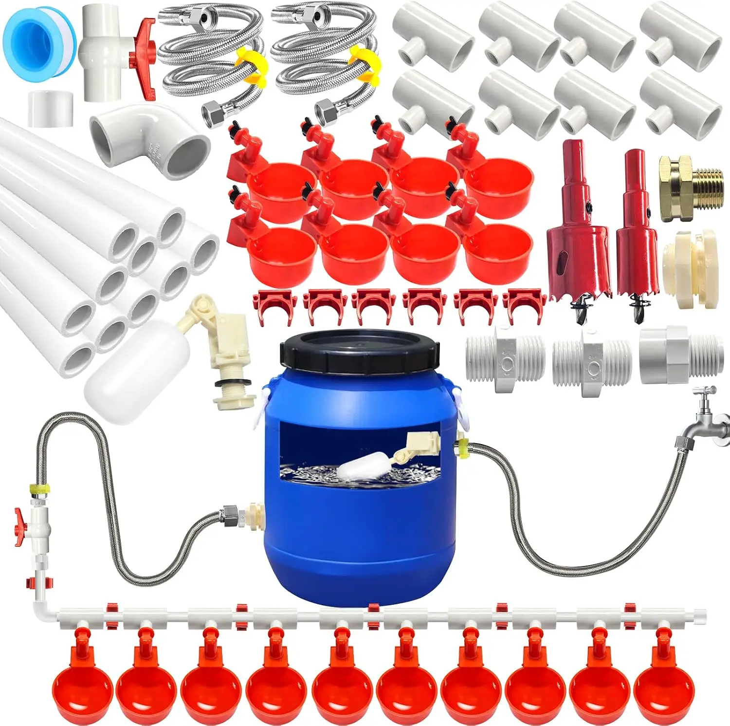 Automatic Chicken Waterer System Kit with Chicken Water Cups Nipples Float Valve Pipeline 58 PCS