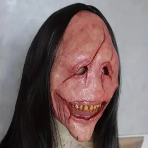 Creepy Halloween Mask for Adults Realistic Natural Latex Demon Mask with Long Black Wig Accessory Eye Silicone Cosplay Gift Scary Red Face Party Event Props Party Supplies