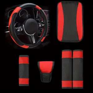 6-piece car carbon fiber pattern PU leather interior kit, including steering wheel cover, armrest pad shoulder protection, manual brake protection cover, etc., essential for stylish interior, anti slip and sweat absorbing