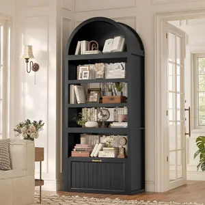 81" Tall Arched Cabinets, Bookcase with Storage Drawer, Mid-Century Modern 5-Tier Bookshelf with 2 Book Risers and Adjustable Shelves for Living Room, Kitchen, Home Office, Black