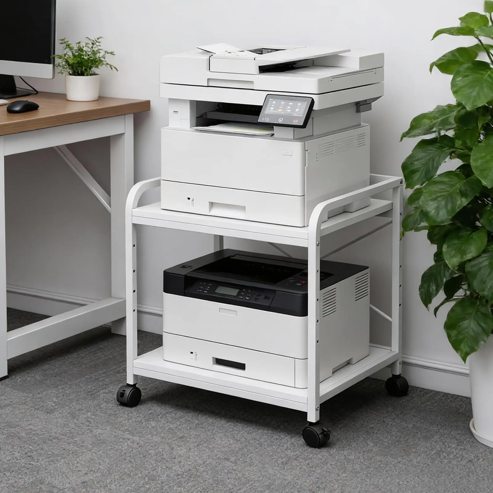 GARVEE Under Desk Printer Stand, 20" Deep Large Printer Table with Height Adjustable Storage Shelf, 2 Tier Rolling Printer Cart with Wheels for Home Office, White