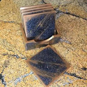Handcrafted Coaster Set with Holder – Rustic Copper Galaxy Sparkle Square Tableware Gift Ready