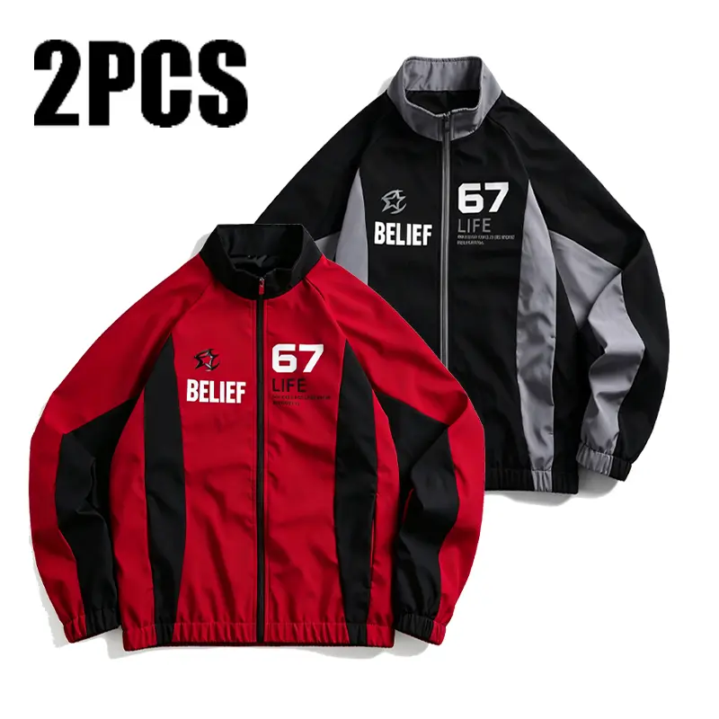 Veiskor 2-Pack Menswear Long Sleeve Vintage Racing Jackets - Color Block, Stand Collar, Full Zip-Up, Oversized, Windproof Lightweight Coats, Embroidery, Streetwear Moto Biker Tops, Fall Casual Outdoor Outfit Gift