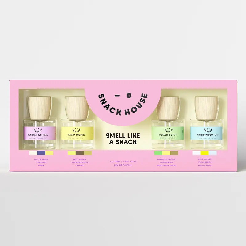 Snack House Dessert Scent Fragrances Gift Set - Dopamine Summer Vacation EDP Bundle, Cruelty Free, Vanilla Milkshake (Vanilla Perfume), Banana Pudding, Pistachio Crème, Marshmallow Fluff, 4×30ml, Caramel Drizzle, 120Ml, Multi-Pack