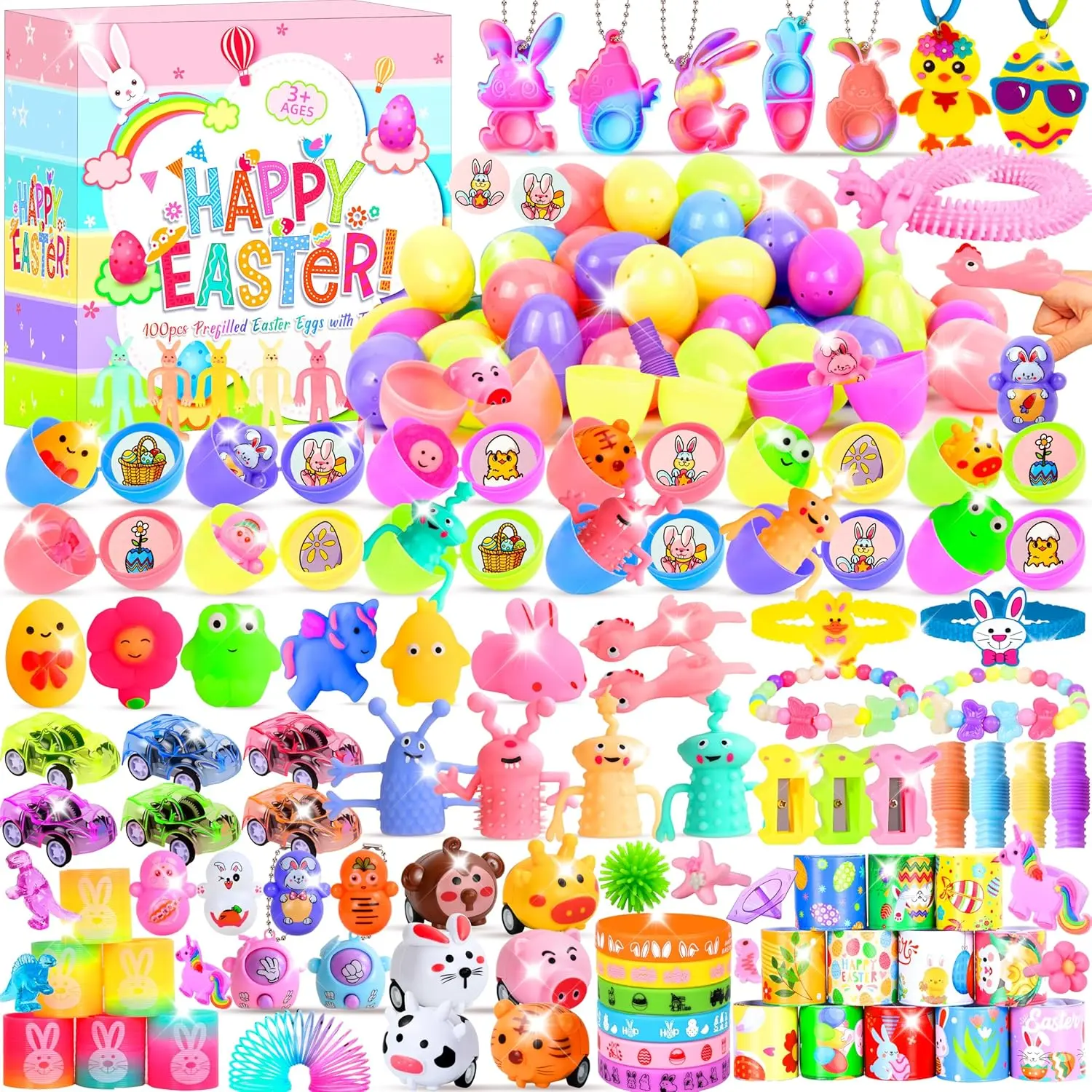 Summer Spring Gift 200 Pcs Prefilled Easter Egg Toys Set Include 100 Pastel Color Plastic Eggs Filled with 100 Assorted Mini Novelty Toys and Stickers for Easter Hunt Basket Stuffers, Party Favors for Kids Boys Girls