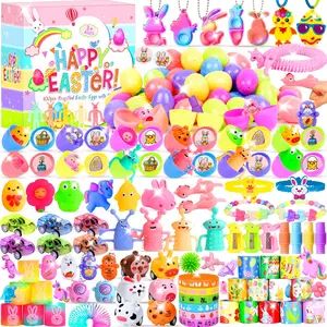 Easter Gift 200 Pcs Prefilled Easter Egg Toys Set Include 100 Pastel Color Plastic Eggs Filled with 100 Assorted Mini Novelty Toys and Stickers for Easter Hunt Basket Stuffers, Party Favors for Kids Boys Girls