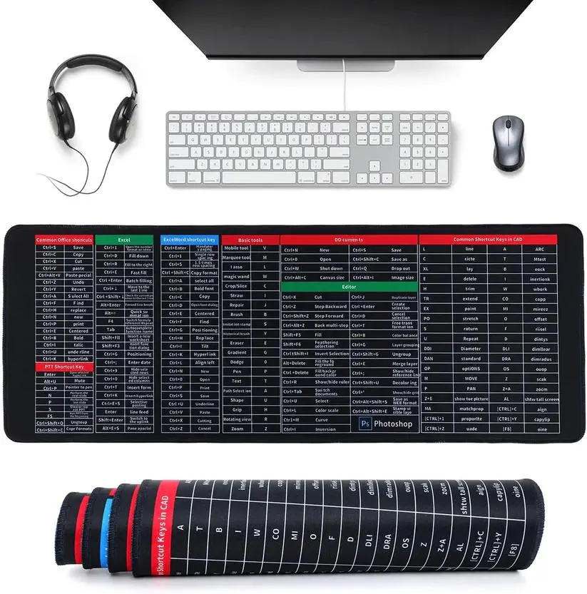 Large Size Mouse Pad Word/Excel/Power Point Shortcut Keys Desk Pad Mat Non Slip, Durable Anti-Slip Keyboard Pad, Creative Office Software Shortcuts Mousepad, Upgraded Extended XXL Gaming Mouse Pad