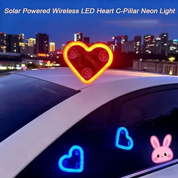 Solar Powered Heart-Shape LED Neon Car Nightlight, Wireless Suction Cup Window Lamp with USB Backup Recharge, Portable Car Interior Accessories for Truck SUV Sedan