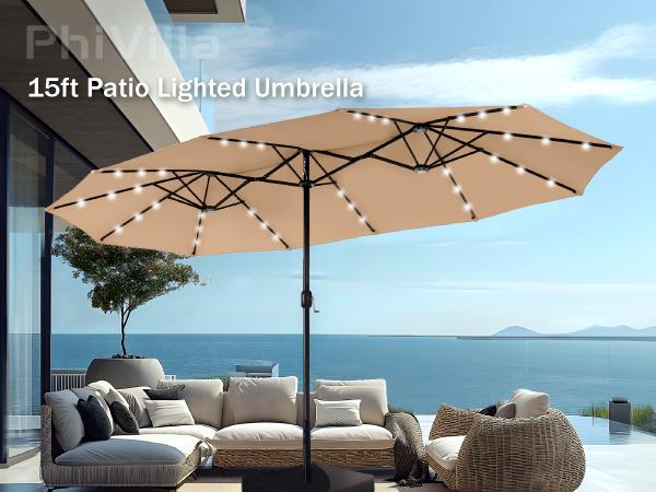 [8 Color] PHI VILLA 15 ft Double-Sided Outdoor Umbrella with Crank, Steel Pole, 100% Polyester Fabric, Durable Base Included, Iron Ribs Patio Stand Modern Design