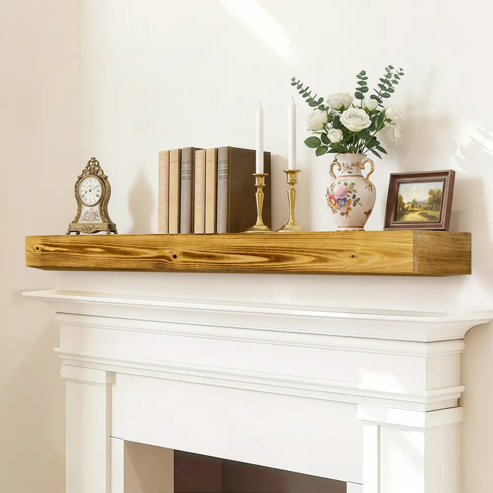 60" Fireplace Mantel, Rustic Fireplace Mantle Shelf with Invisible Brackets, Handcrafted Wood Floating Fireplace Mantel, Wall Mounted Fireplace Mantel Shelf for Living Room Decor, Wood Color