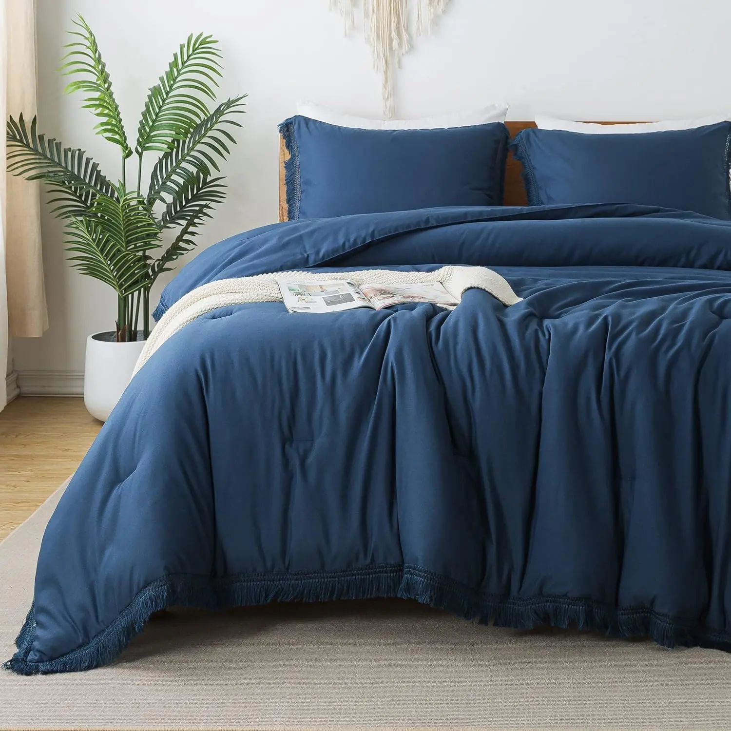 Navy Blue Comforter King Size, 3 Boho Tassel Lightweight Comforter Sets for King, Fluffy Fringe (104x90In Comforter  2 Pillowcases)