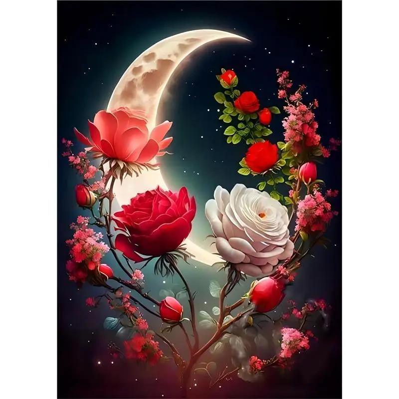 Diamond Arts Colorful Painting Kit, Moon & Flower DIY Rhinestone Embroidery Set, Full Drill Embroidery Pasted Painting Without Frame For Home Wall Dec