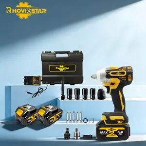 RHOVISTAR.US Cordless Small Impact Wrench, with two batteries | Variable speed | 4.0Ah lithium-ion battery | Soft brush motor | LED work light | Smart control (Accessories include: drill adapter, socket, drill bit, car wheel nut socket)