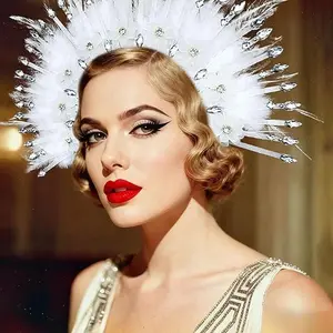 LaVenty White Feather Headpiece 1920s Style Carnival Mardi Gras Headdress for Women Flapper Costume with Crystal Accents Adjustable Secure