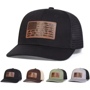 Unisex Fish American Flag Brown Leather Patch Hat Adjustable Baseball Cap Breathable Sun Protection Outdoor Hat