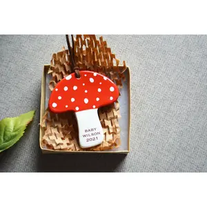 Ceramic Handmade Shiitake Mushroom Ornament Personalized with Baby Name - New Baby Boy or Girl Gift