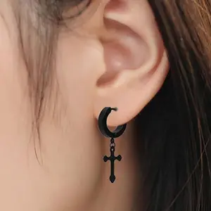 Stainless Steel Hinged Hoop Earrings 18 Gauge & Cross Dangle - Pair fashionable dangle