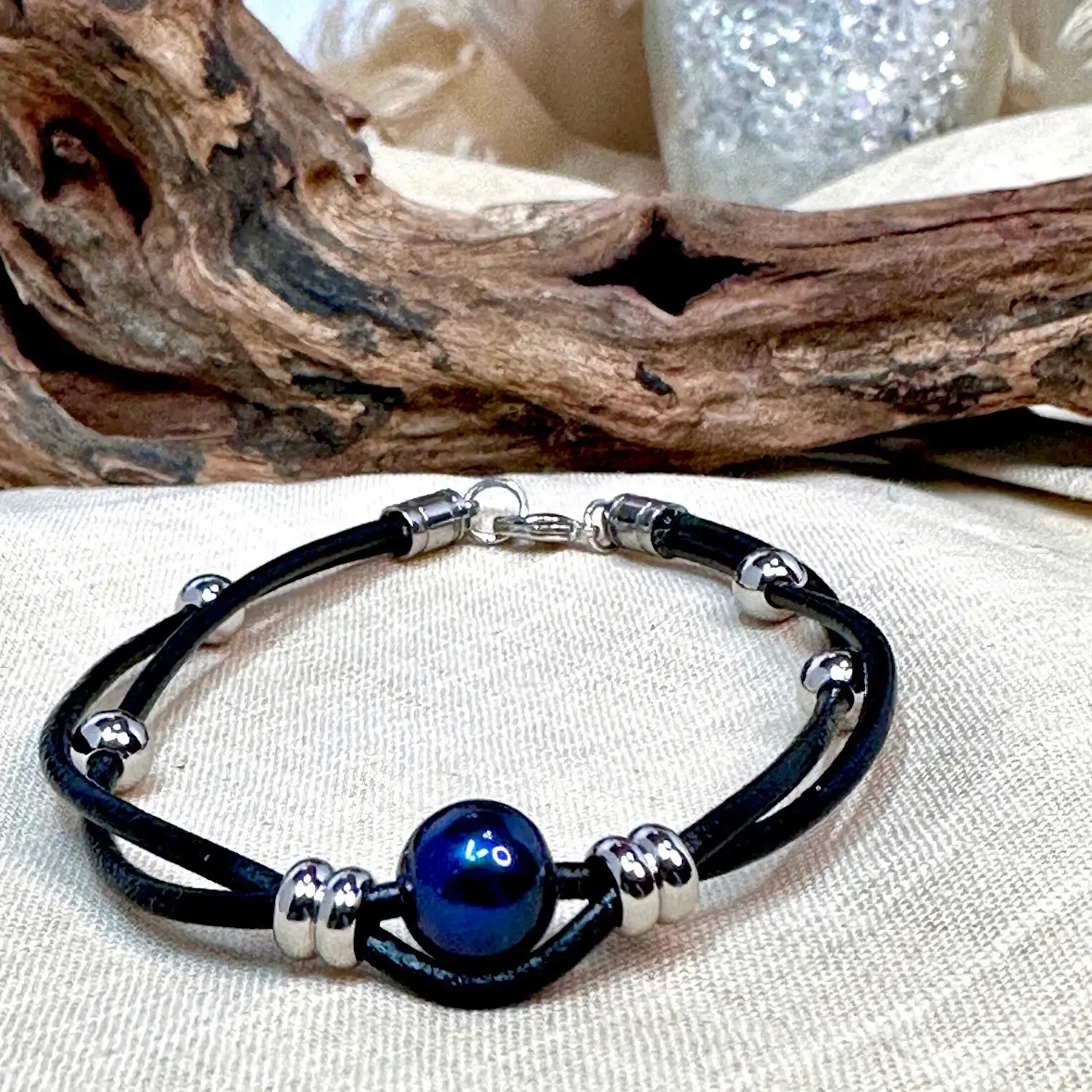 Unisex Black Pearl, Leather & Stainless Steel Bracelet