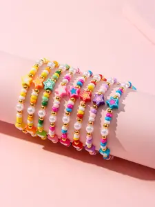 8pcs/set Multicolor Acrylic Heart Star Glass Pearl Beaded Bracelets, Girls' Party Gifts, All Seasons Fashion Accessories