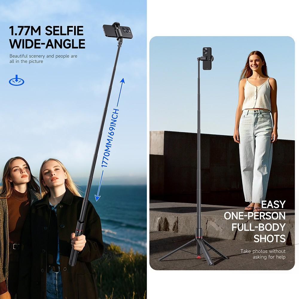 70" Auto-Open Selfie Stick Tripod with Remote Kit, 175mm(H) Telescopic Rod Aluminum Alloy, 360° Rotatable Stable Travel Portable Phone Holder Stand Mount for Vlog/Video Record/Live Stream, Universal fits for iPhone 17 16 15 Pro Max Samsung Galaxy Series