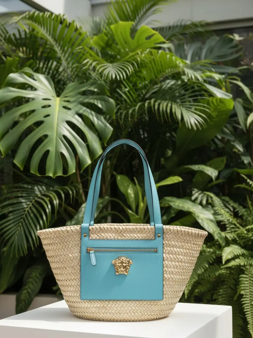 Pre-owned VERSACE Leather and Straw Shoulder Bags Turquoise Bag