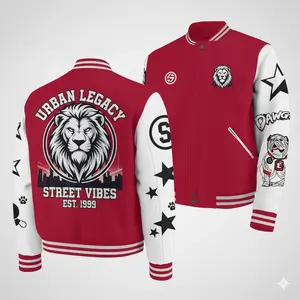 Classic Red White Bomber Jacket Streetwear - Unisex College Baseball Coat with Striped Trim - Vintage American Style Winter Outerwear Aesthetic Fashion Gift