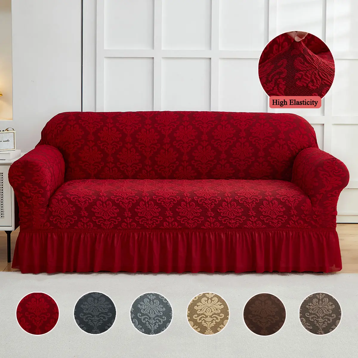 1 PC Skirted Elastic Sofa Couch Cover, Pet-Friendly Anti-Cat Scratching Non-Slip Fabric, Removable Washable All-Inclusive Slipcover for Living Room Home Decoration, Elastic Sofa Slipcover, Removable Washable Cover
