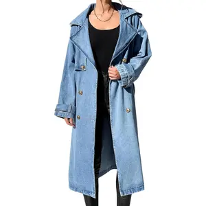 Lannew Women's Long Double Breasted Denim Jacket Oversized Button Down Maxi Jean Coat Classic Lapel Outercoat