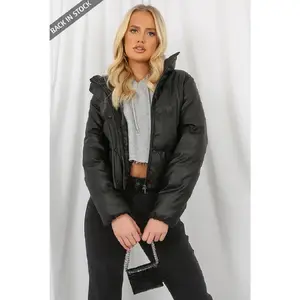 PU Boxy Puffer Jacket Black Pocket Womenswear Button