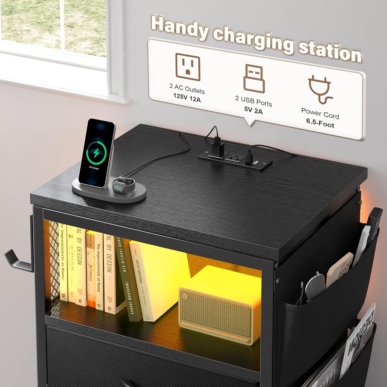 Raybee 37.5" Tall LED Night Stand with 5 Drawers for Tall Bed, Black Narrow Dresser with Charging Station for Living Room, Night End Table with Extra Side Bag & Hooks, Bedside Table with Power Stripe, Bedroom, Closet, Hallway, Entryway, White, Brown