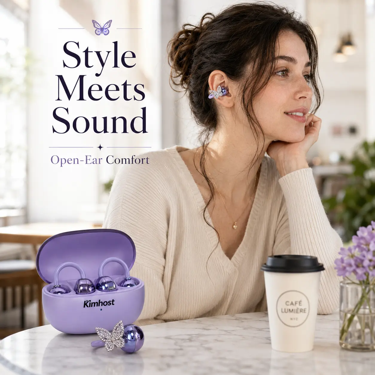 【Featured】Butterfly Charm Open-Ear Clip-On Earbuds for Women, Wireless Bluetooth Headphones with Comfortable Pressure-Free Fit, Lightweight Stylish Design, Clear Calls, Long Battery Life, Cute Aesthetic Gift for Work, Travel, Fitness, 038