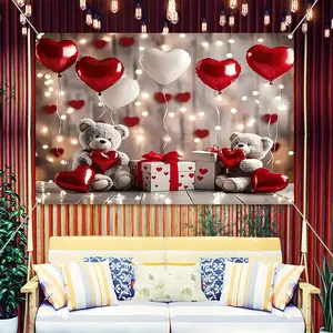 Valentine's Day Backdrop Banner, Teddy Bear Heart Balloons Rustic Wood String Lights Decorations, Durable Polyester Fabric Photo Booth Prop, Reusable Easy to Clean, Perfect for Valentine's Day Party, Anniversary, Proposal, Home Decor, Gift for Her Couples