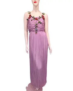 Lavender Pleated Chiffon Sequin Flowers Dress