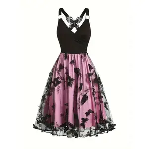 Butterfly Embroidered Mesh Party Dress - Flared A-line with a comfortable stretch waist, 3D vintage elegant style for cocktail and garden parties
