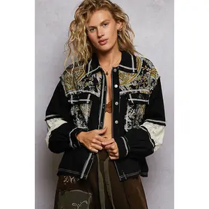 POL Printed Woven Mix Raw Hem Jacket with Lace Detail