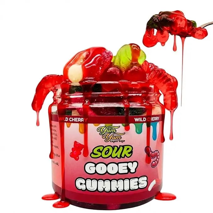 Sour Gooey Gummies, Sour Wild Cherry Candy, Gummy Candy Mix, Ooze Sticky Gummies, Liquid Chewy Sweet Treat Resealable Container