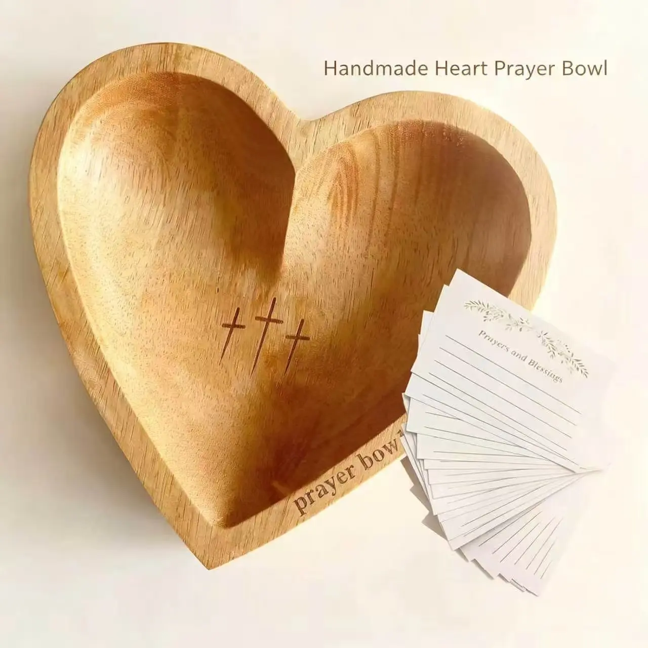 Wooden Heart Shaped Prayer Bowl with 24 Prayer Cards, Premium Solid Wood Hand Engraved Cross Bowl, Christian Religious Spiritual Home Altar Decor, Durable Faith Gift for Father’s Day, Easter, Baptism & Daily Devotion