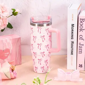 Whaline 40oz Pink Bow Tumbler with Handle Straw and Lid Travel Tumbler Coquette Bowknot Coffee Cup for Women Friend Holiday Birthday Party Home Office