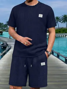 Men's 2-Piece Menswear Co-Ord Set - Textured Knit Short-Sleeve Tee, Drawstring Shorts with Patch Detail, Soft Breathable Summer Casual Tracksuit for Home, Daily Wear, Shortsleeve