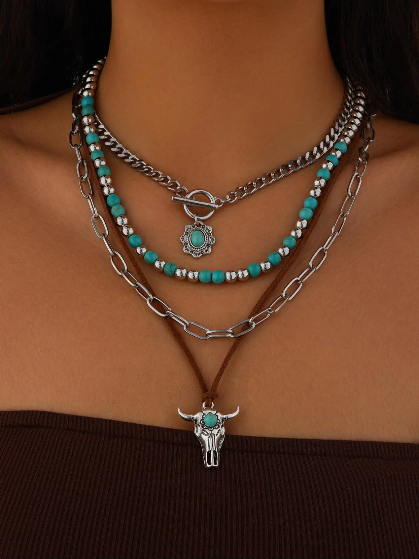 Vintage Chain & Beaded & Bull Head Design Pendant Necklace, Boho Style Jewelry for Women & Men, Fashion Accessories for Party, Daily Clothing Decor, Exquisite Chain Jewelry, Trendy Fashionable Accessories, Dimebag Necklace