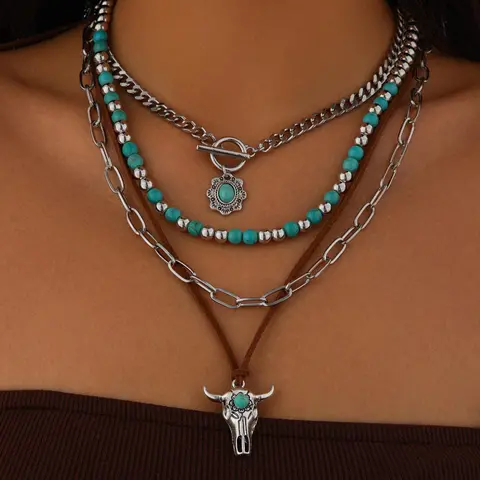Vintage Chain & Beaded & Bull Head Design Pendant Necklace, Boho Style Jewelry for Women & Men, Fashion Accessories for Party, Daily Clothing Decor, Exquisite Chain Jewelry, Trendy Fashionable Accessories, Dimebag Necklace
