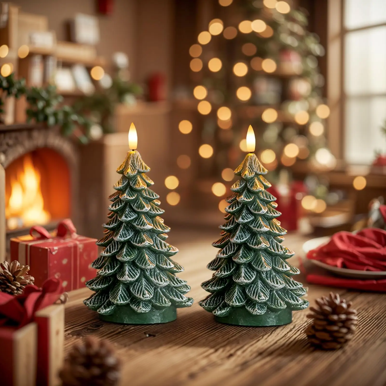 Christmas Tree Candles with 6 Hours Timer, 2 Pcs Waxy LED Flameless Candles Flickering, Green Electric Candles Battery Operated for New Year Celebration Holiday Decorations 8.5 Inches