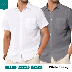 2-PACK Alimen Men's Linen Shirts Short Sleeve Cotton Casual Lightweight Breathable Button Down Shirts Vacation Beach Summer Tops with Pocket
