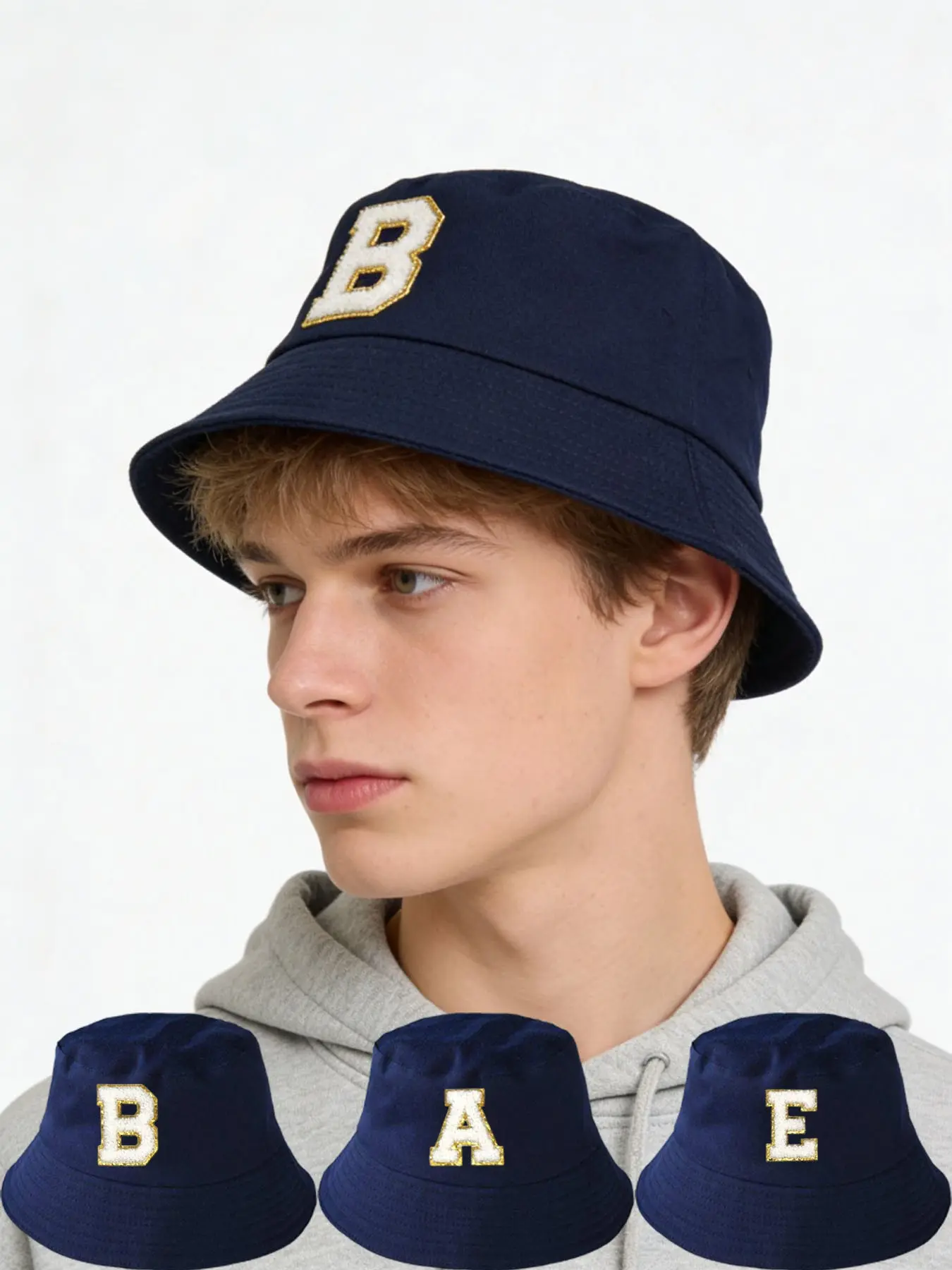 Navy Blue Fisherman Bucket Hat, Towel Embroidery Letter Cap, Preppy Style Sun Hat, Unisex Outdoor Street Sun Visor, for Beach Travel & Daily Casual Wear