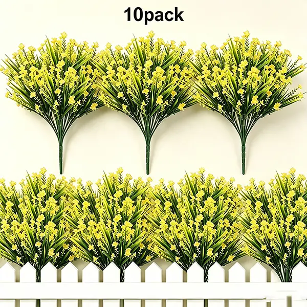 10 Bundles Artificial Yellow Orchid Flowers, UV Resistant Faux Plastic Flowers, 14.2 Inch Fake Flower Bundles for Outdoor Garden Porch Window Box Home Decor
